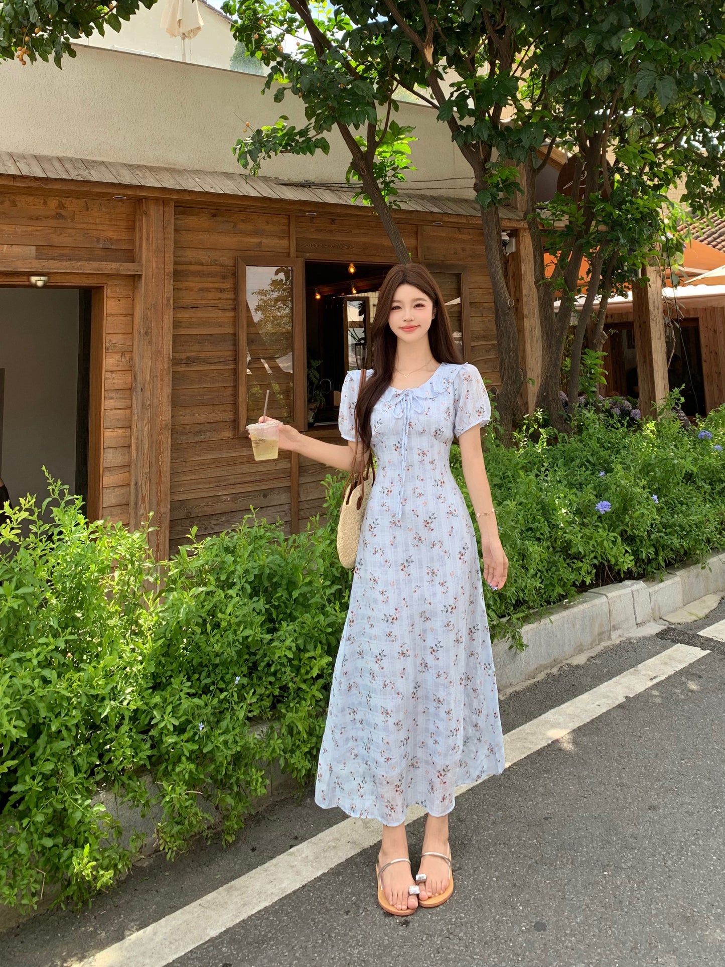Blue Floral Milkmaid Dress With Puff Sleeves