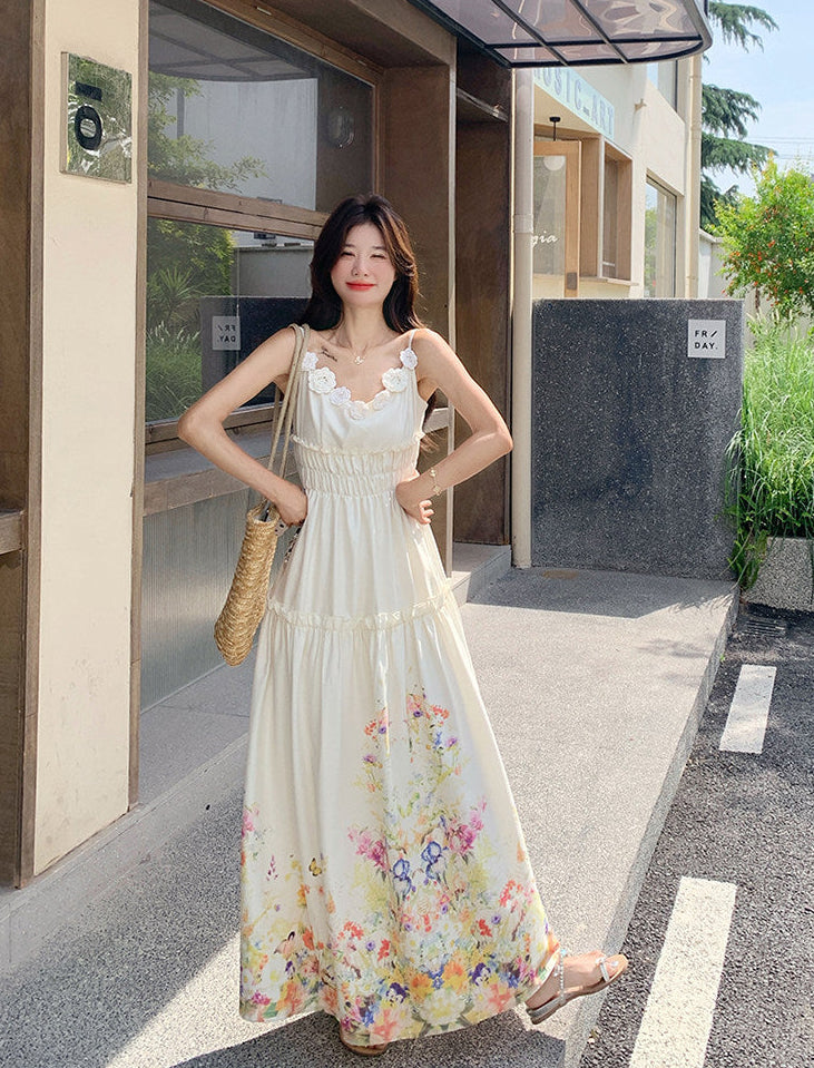 White Wildflower Border Print Maxi Dress With 3D Floral Straps