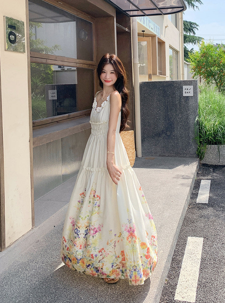White Wildflower Border Print Maxi Dress With 3D Floral Straps