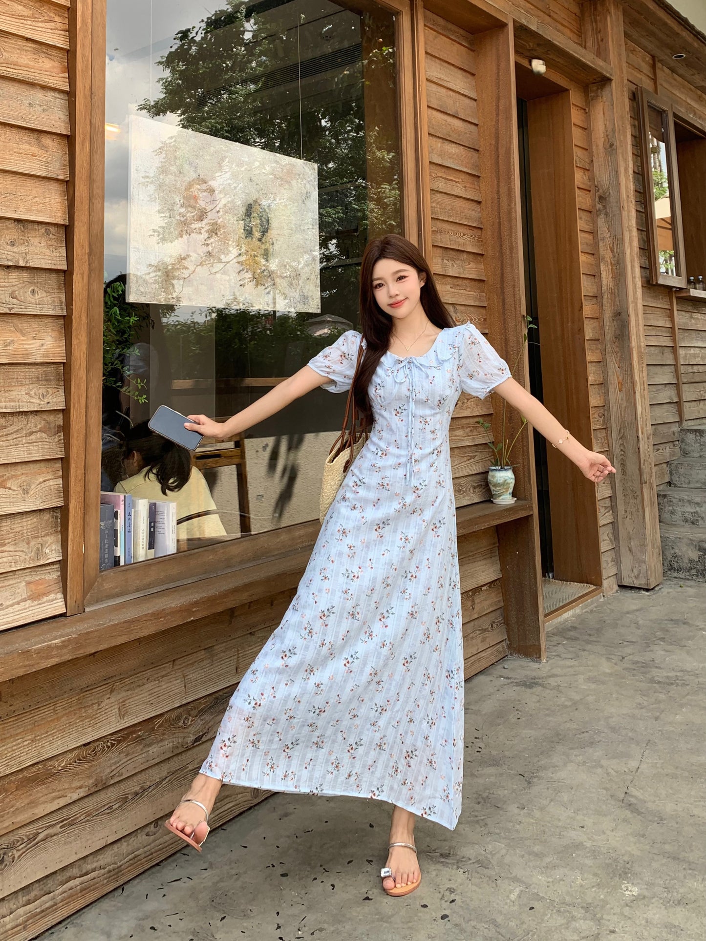 Blue Floral Milkmaid Dress With Puff Sleeves