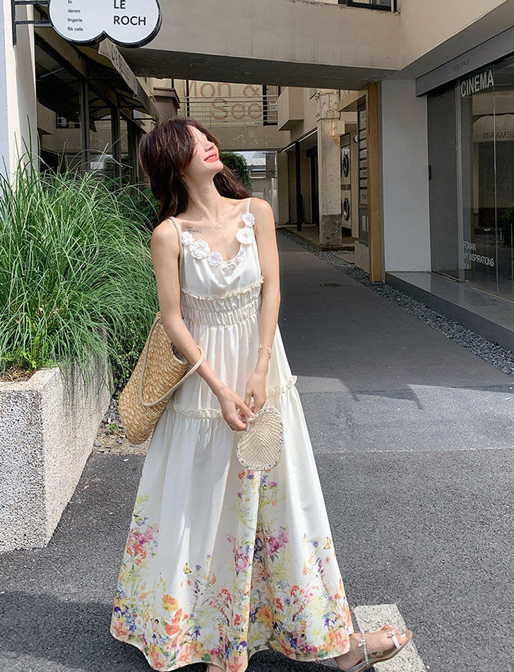 White Wildflower Border Print Maxi Dress With 3D Floral Straps