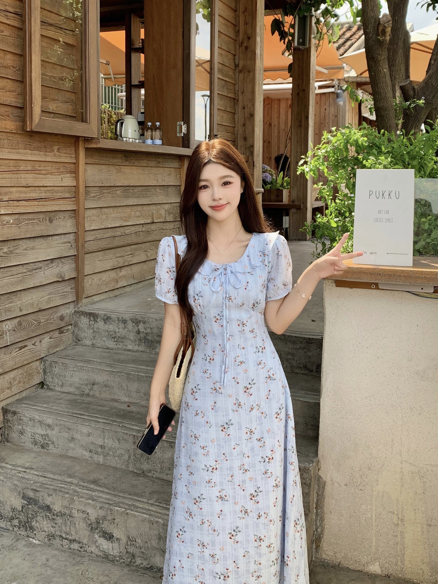 Blue Floral Milkmaid Dress With Puff Sleeves