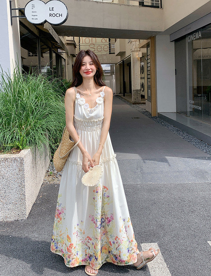 White Wildflower Border Print Maxi Dress With 3D Floral Straps