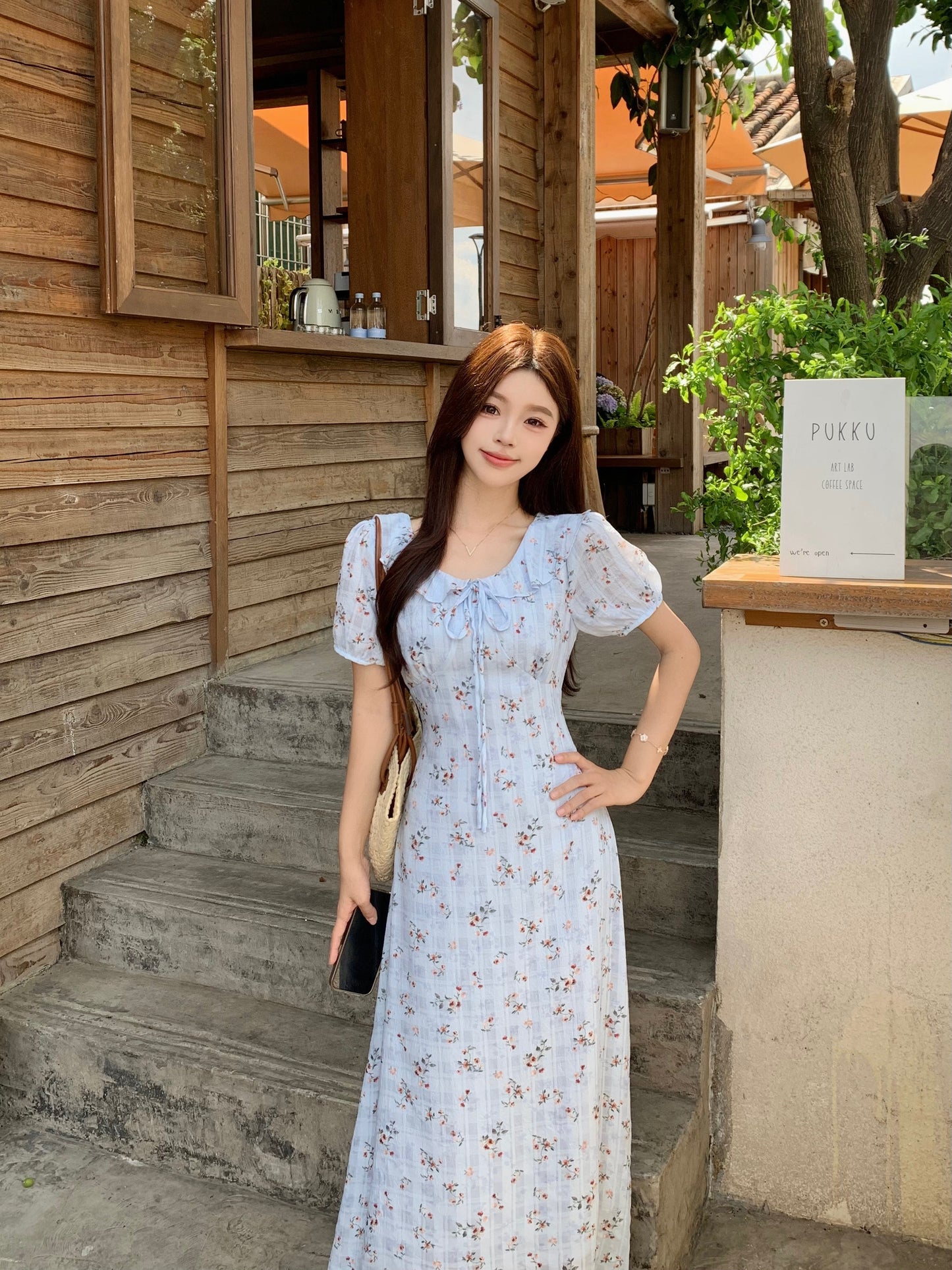 Blue Floral Milkmaid Dress With Puff Sleeves