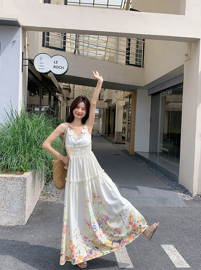 White Wildflower Border Print Maxi Dress With 3D Floral Straps