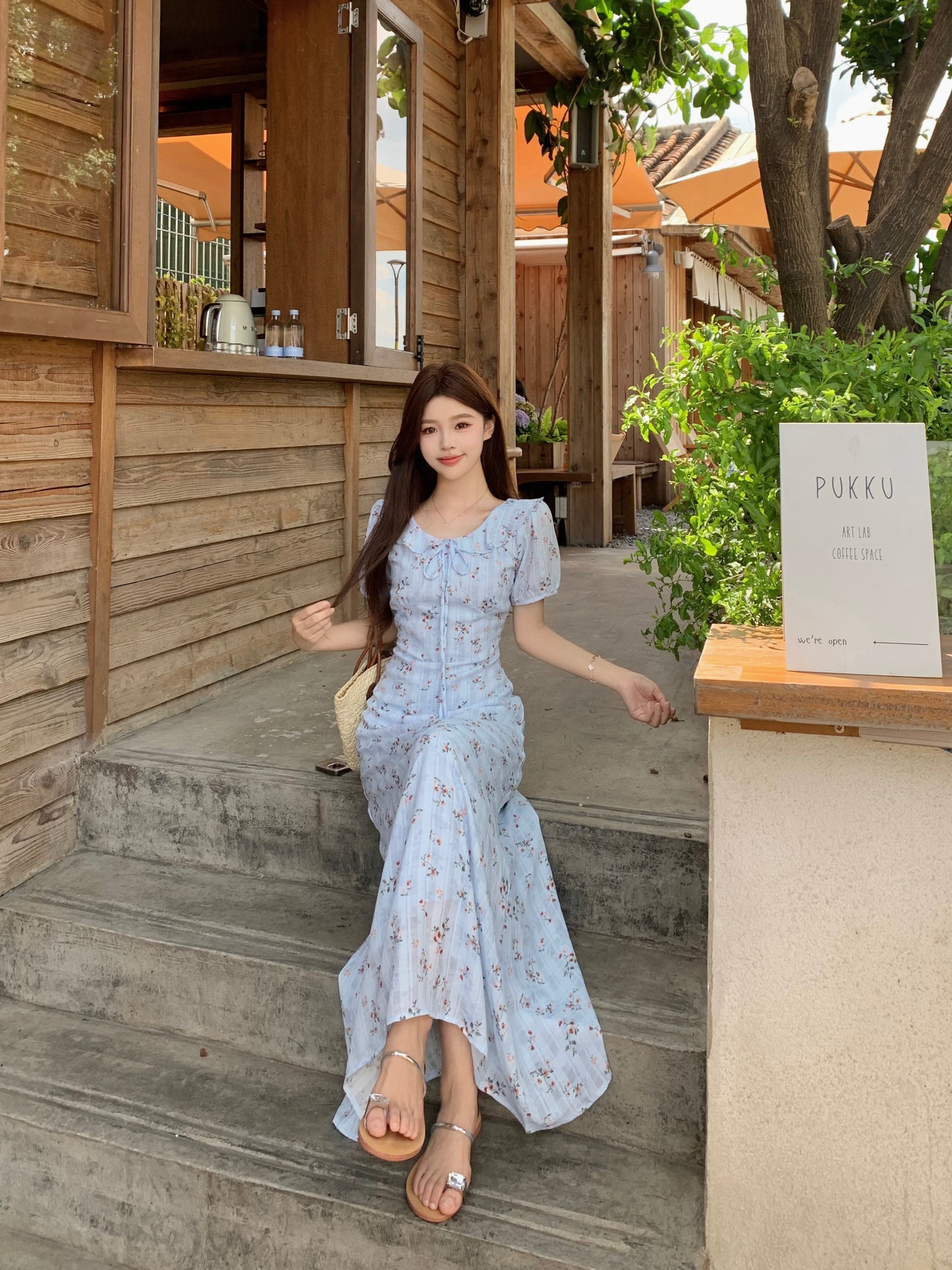 Blue Floral Milkmaid Dress With Puff Sleeves