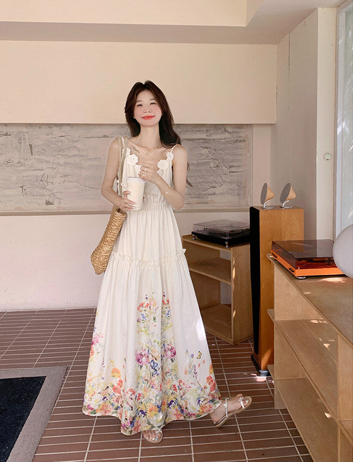 White Wildflower Border Print Maxi Dress With 3D Floral Straps
