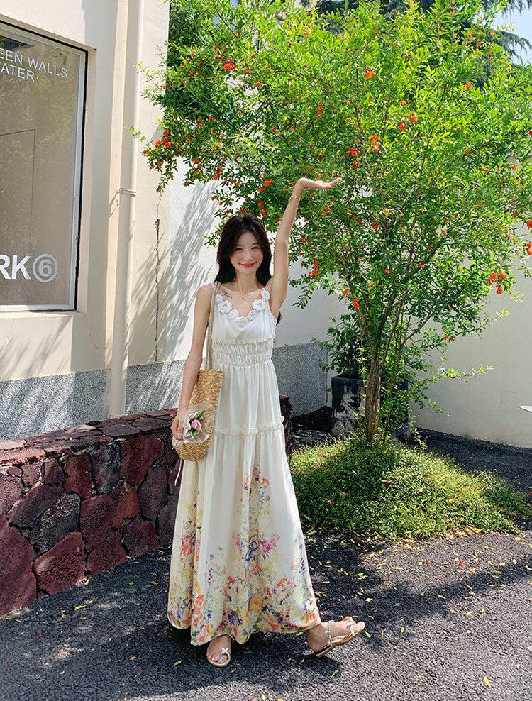 White Wildflower Border Print Maxi Dress With 3D Floral Straps