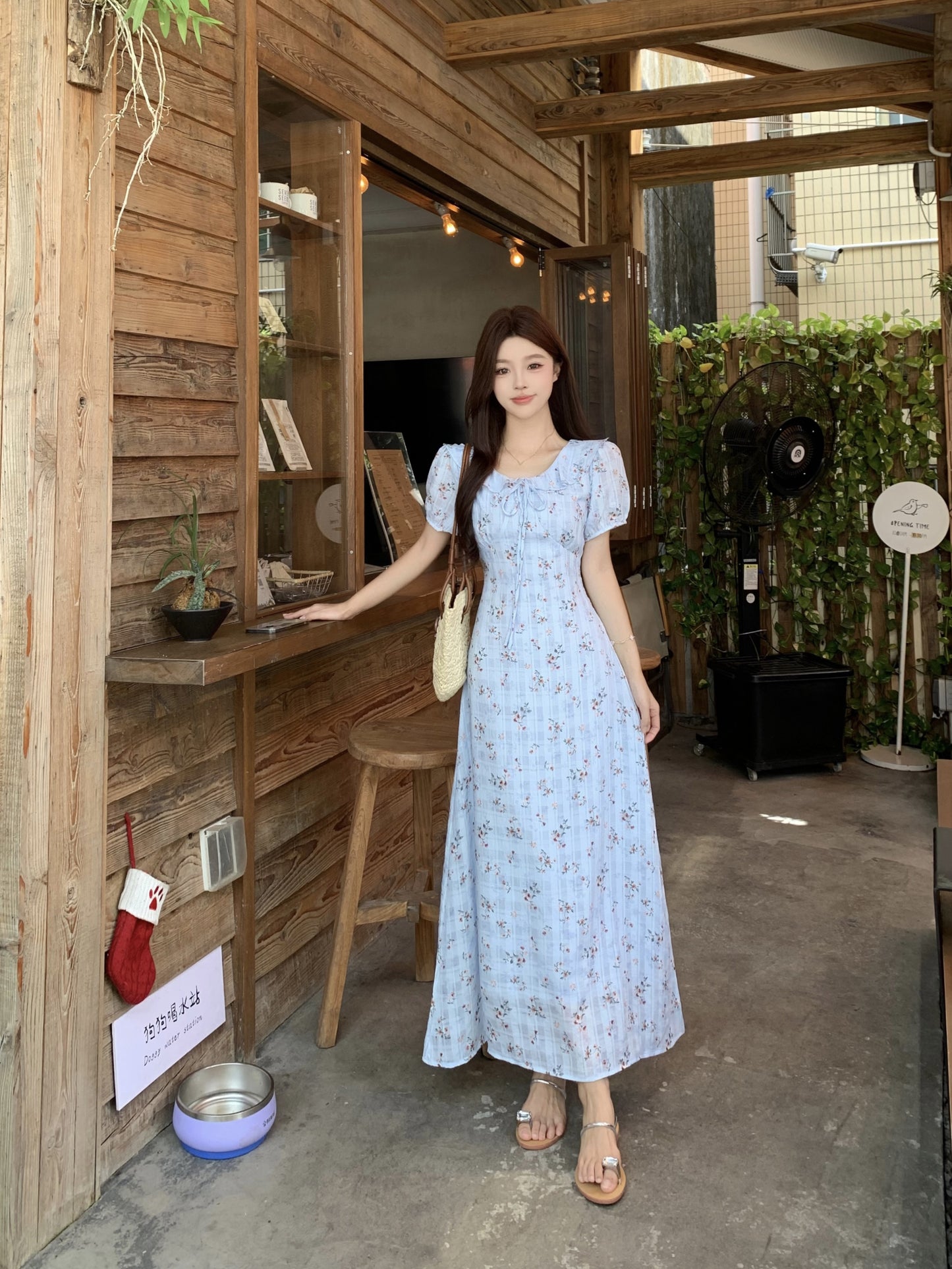 Blue Floral Milkmaid Dress With Puff Sleeves