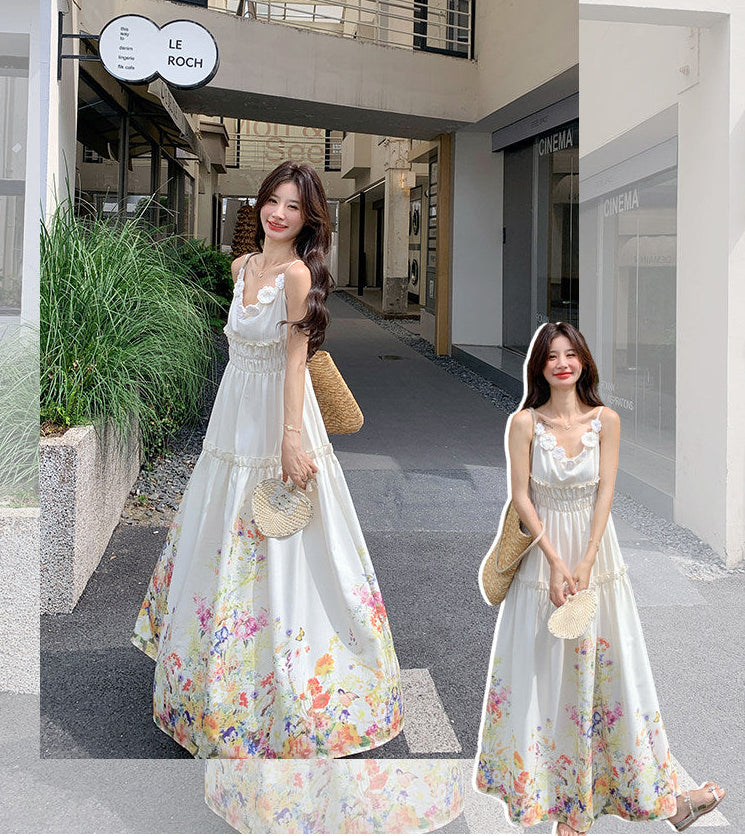 White Wildflower Border Print Maxi Dress With 3D Floral Straps