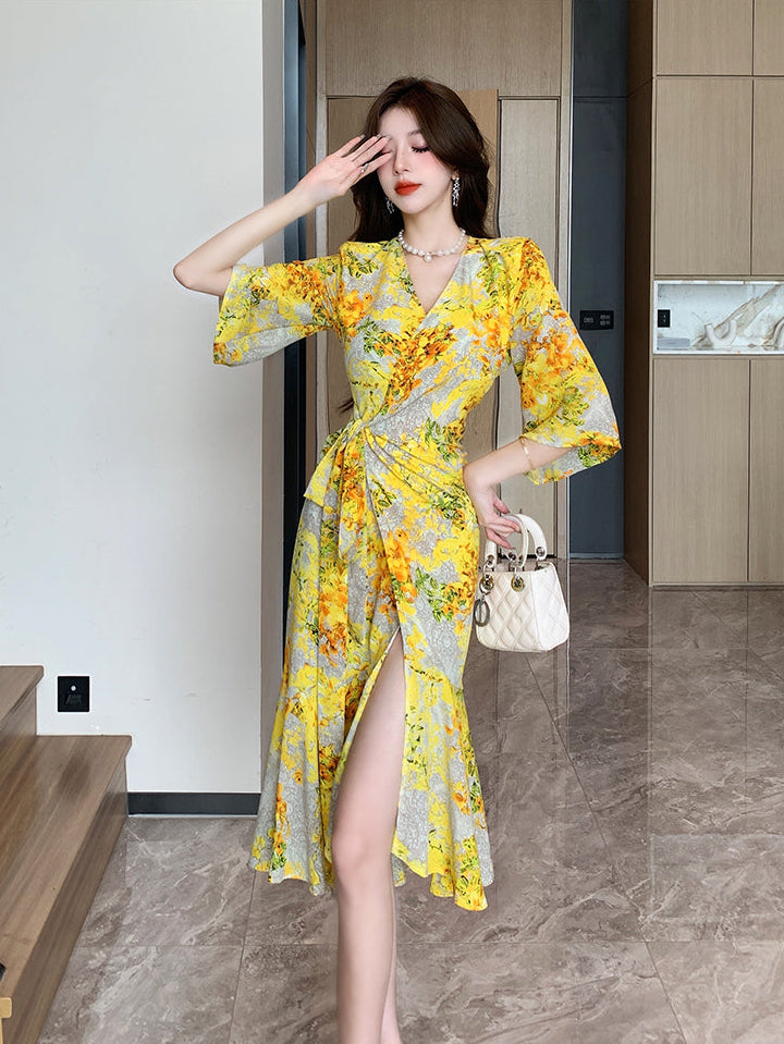 V-Neck Flutter Sleeve Wrap Dress