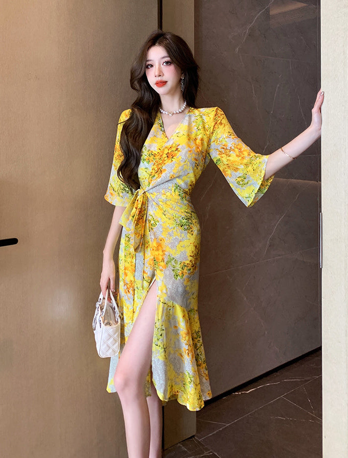 V-Neck Flutter Sleeve Wrap Dress
