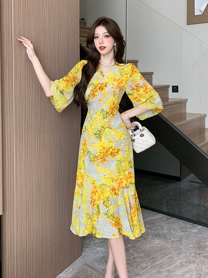 V-Neck Flutter Sleeve Wrap Dress