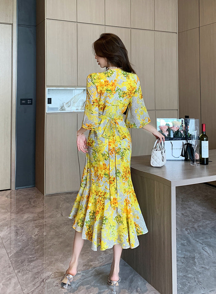 V-Neck Flutter Sleeve Wrap Dress