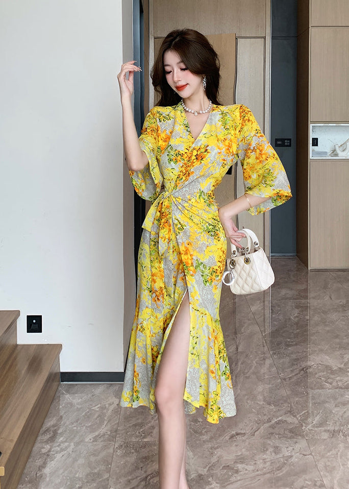 V-Neck Flutter Sleeve Wrap Dress