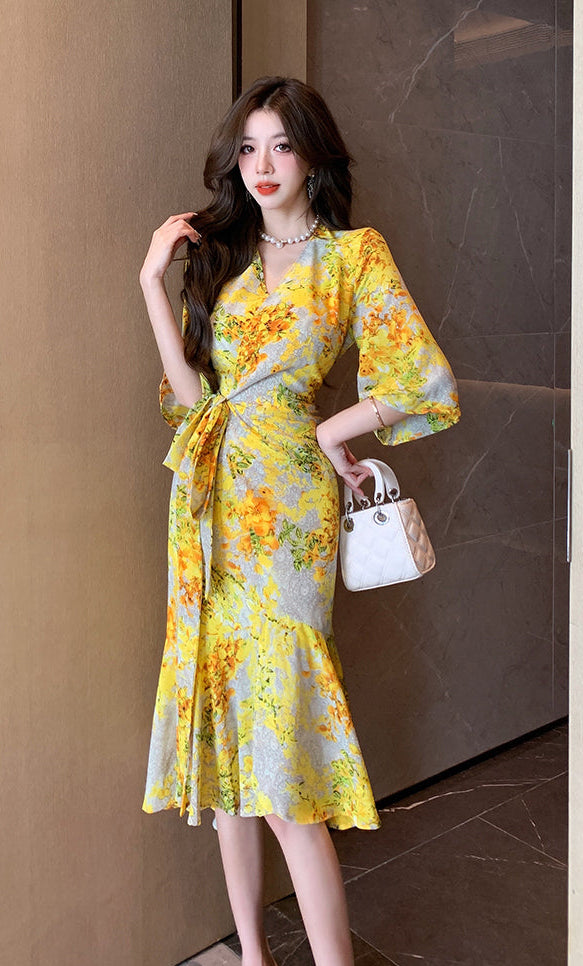 V-Neck Flutter Sleeve Wrap Dress