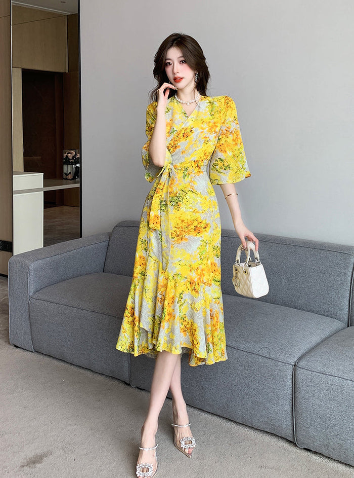 V-Neck Flutter Sleeve Wrap Dress