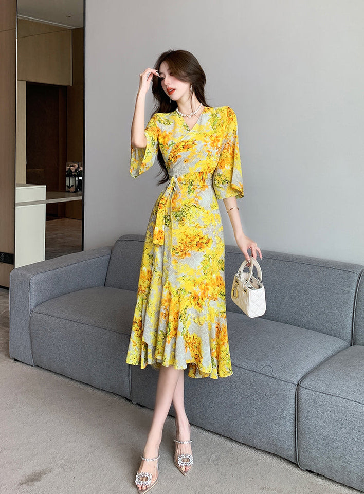 V-Neck Flutter Sleeve Wrap Dress