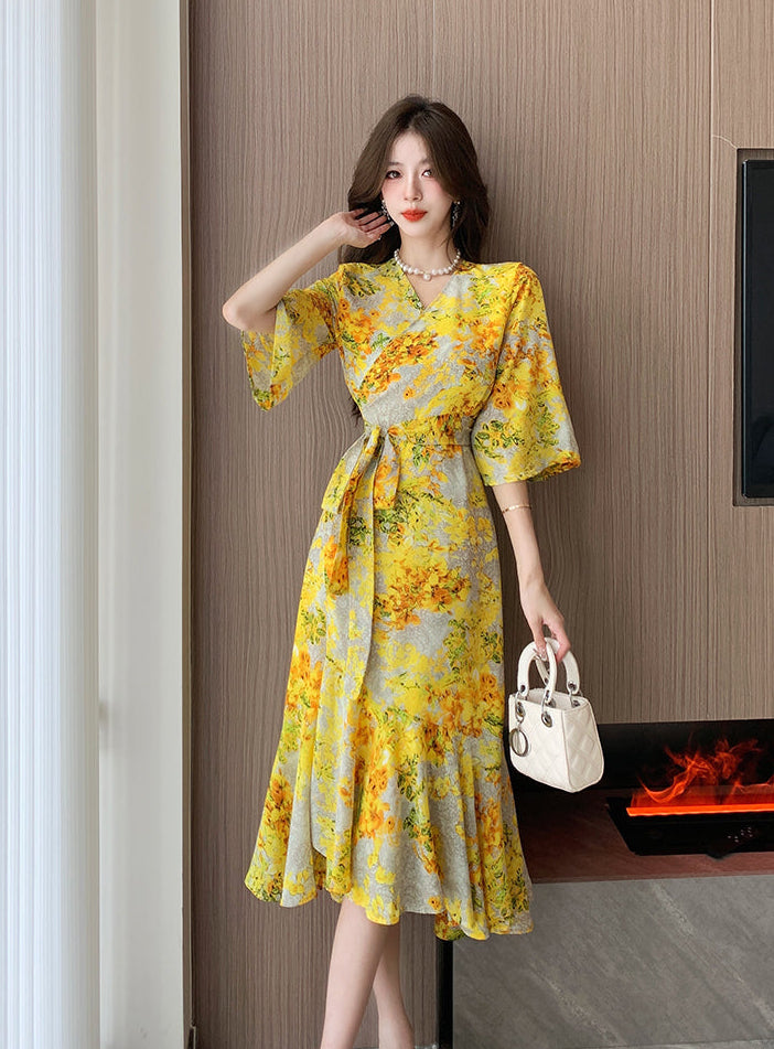 V-Neck Flutter Sleeve Wrap Dress
