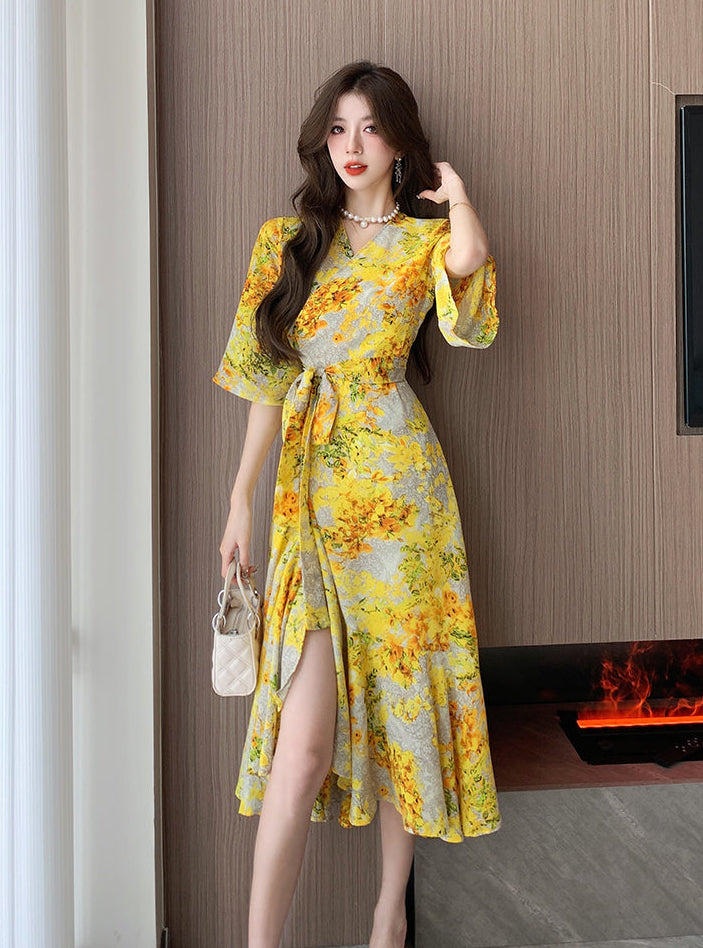 V-Neck Flutter Sleeve Wrap Dress