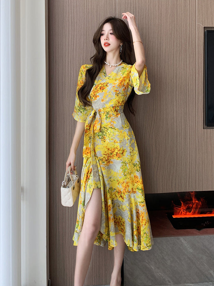 V-Neck Flutter Sleeve Wrap Dress