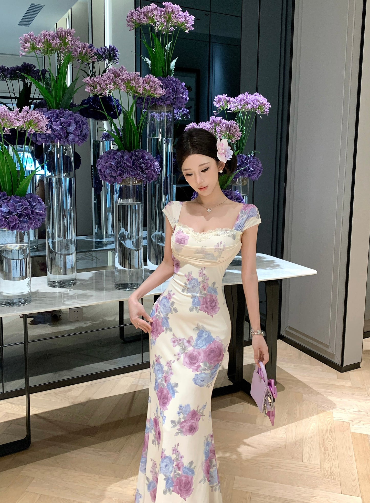 Floral Off-The-Shoulder Ruched Bust Lace-Trim Mermaid Maxi Dress