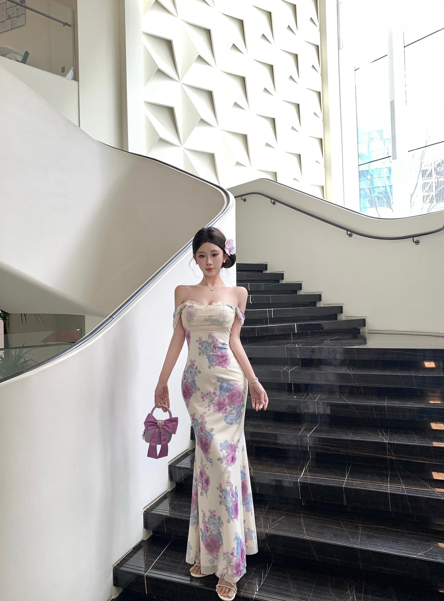 Floral Off-The-Shoulder Ruched Bust Lace-Trim Mermaid Maxi Dress