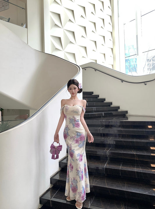 Floral Off-The-Shoulder Ruched Bust Lace-Trim Mermaid Maxi Dress