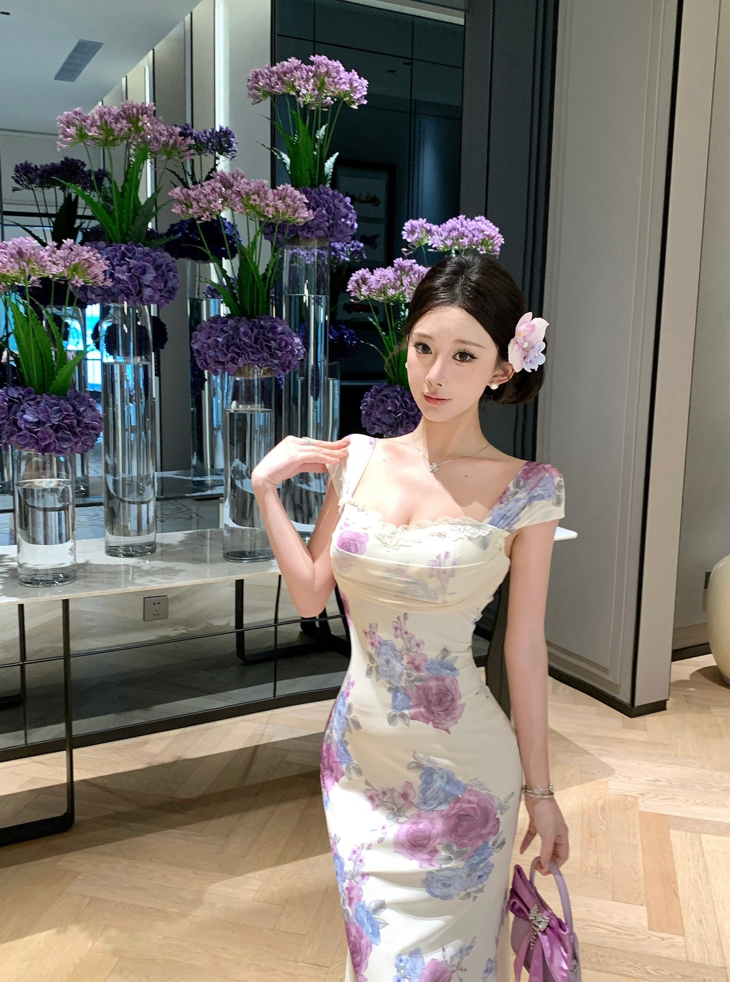 Floral Off-The-Shoulder Ruched Bust Lace-Trim Mermaid Maxi Dress