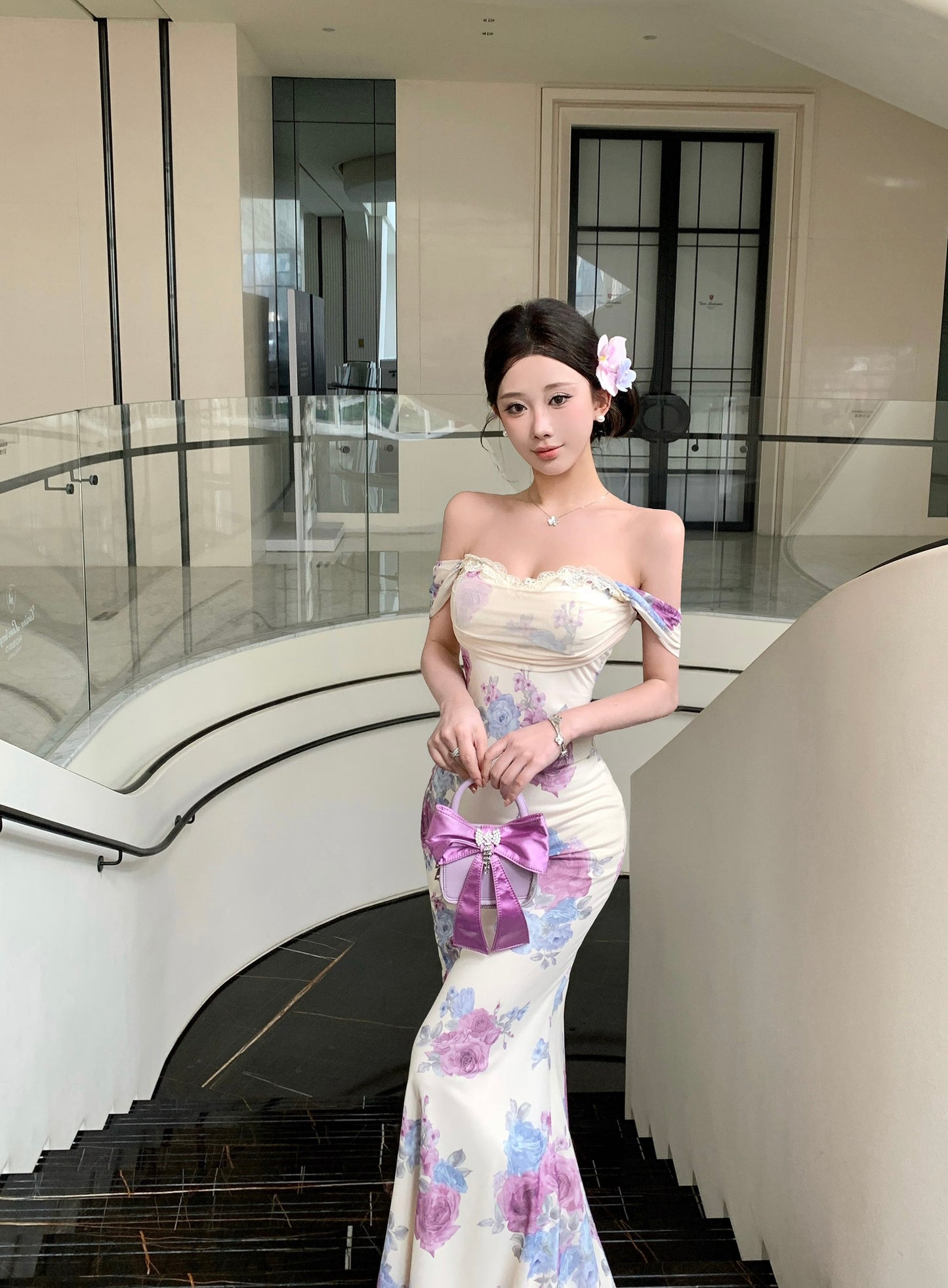 Floral Off-The-Shoulder Ruched Bust Lace-Trim Mermaid Maxi Dress