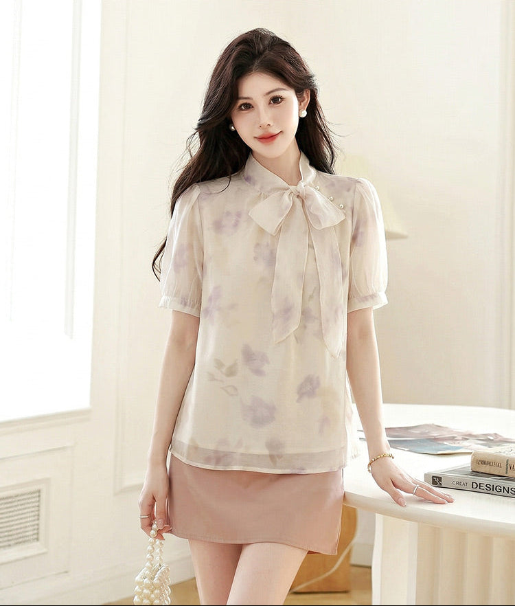 Watercolor Floral Pussy-Bow Blouse