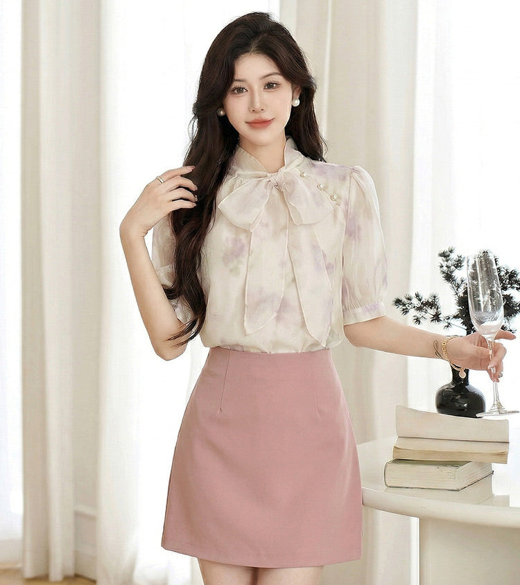 Watercolor Floral Pussy-Bow Blouse