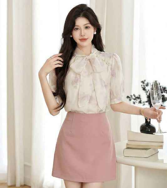 Watercolor Floral Pussy-Bow Blouse