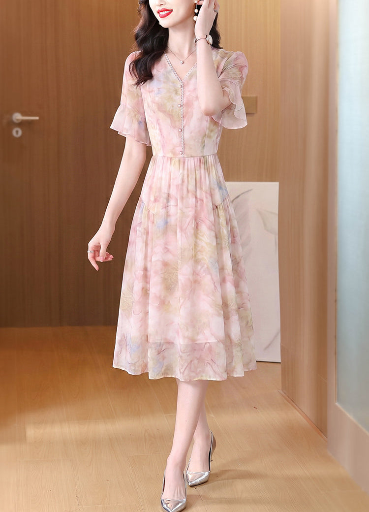 Floral Print Chiffon Midi Dress - Pastel Pink V-Neck Dress with Flutter Sleeves