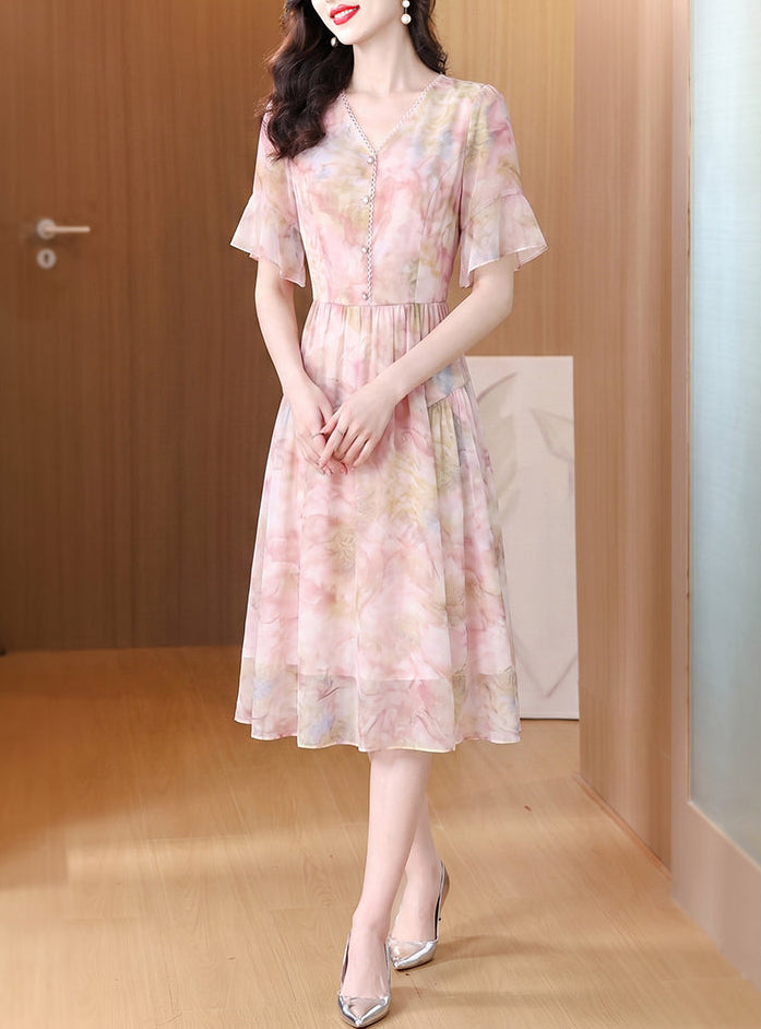 Floral Print Chiffon Midi Dress - Pastel Pink V-Neck Dress with Flutter Sleeves