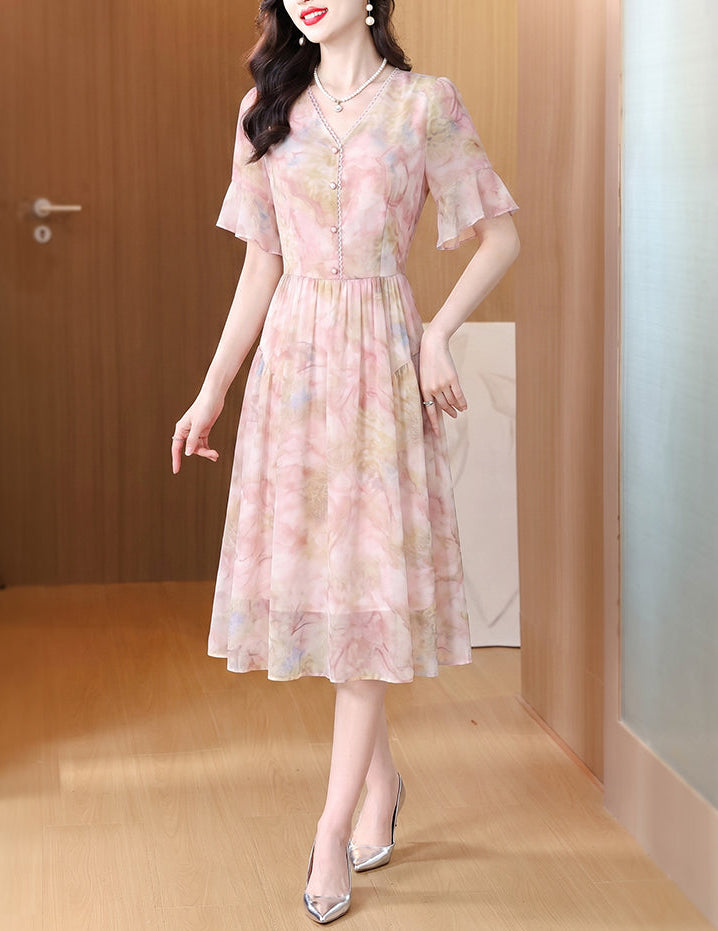 Floral Print Chiffon Midi Dress - Pastel Pink V-Neck Dress with Flutter Sleeves
