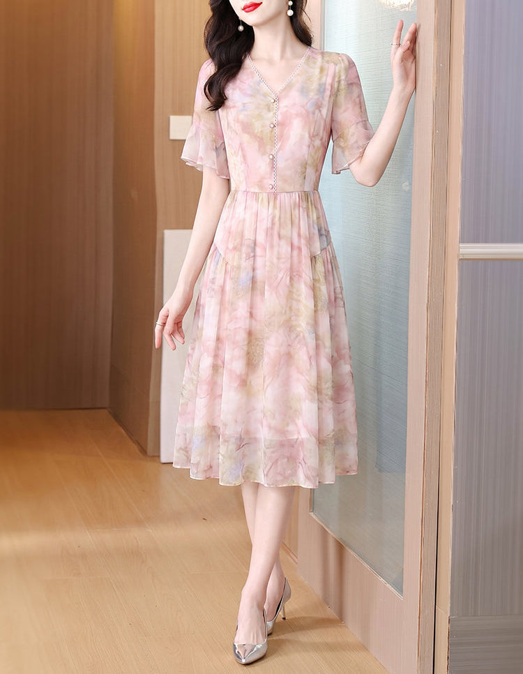 Floral Print Chiffon Midi Dress - Pastel Pink V-Neck Dress with Flutter Sleeves