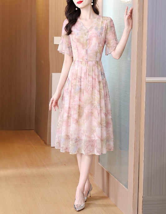Floral Print Chiffon Midi Dress - Pastel Pink V-Neck Dress with Flutter Sleeves