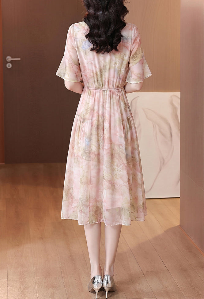 Floral Print Chiffon Midi Dress - Pastel Pink V-Neck Dress with Flutter Sleeves