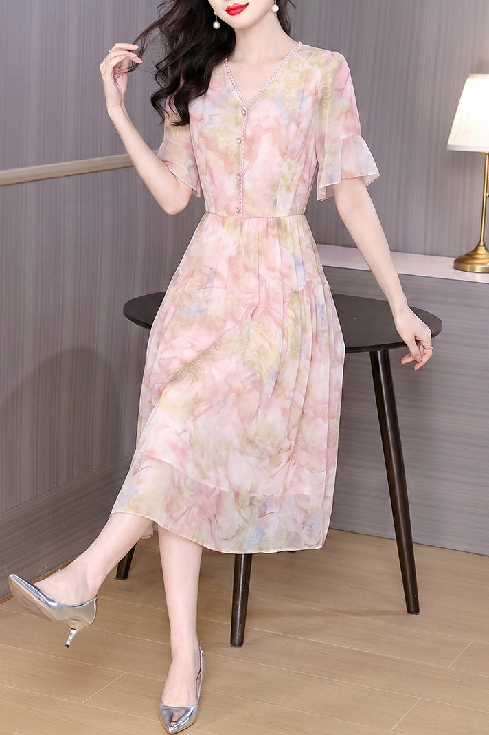 Floral Print Chiffon Midi Dress - Pastel Pink V-Neck Dress with Flutter Sleeves