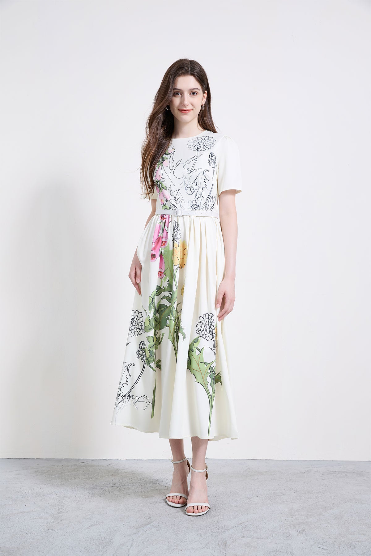 Floral Sketch Pleated A-Line Midi Dress