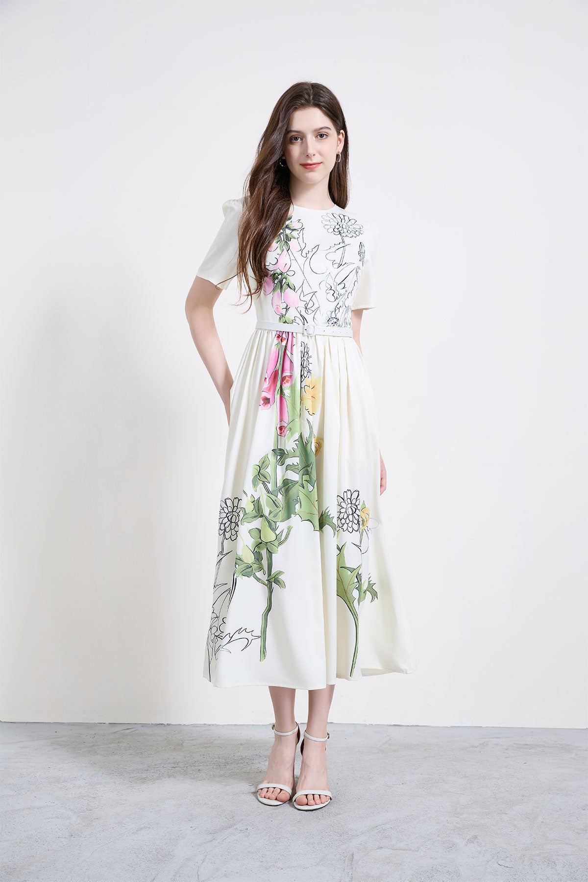 Floral Sketch Pleated A-Line Midi Dress