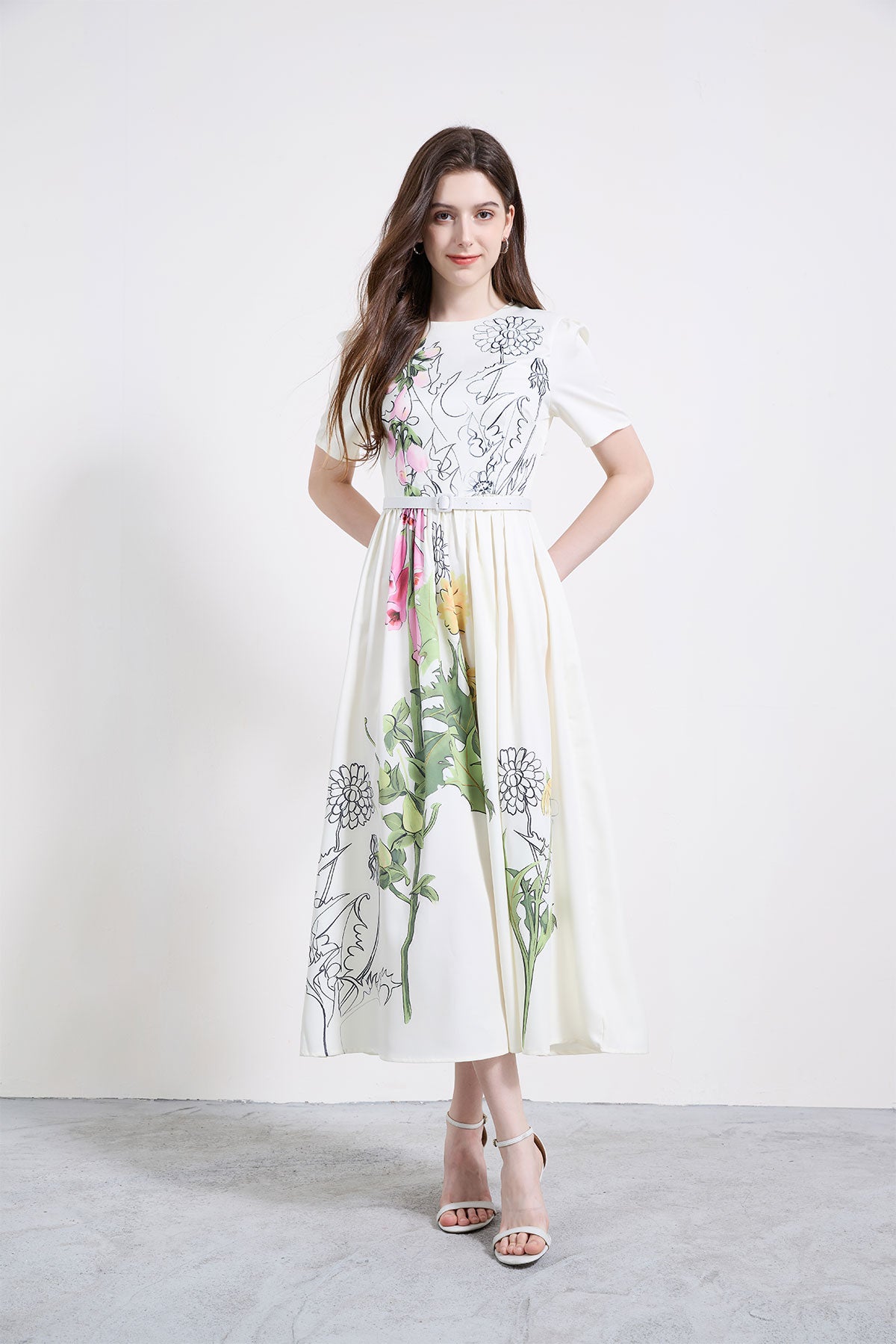 Floral Sketch Pleated A-Line Midi Dress