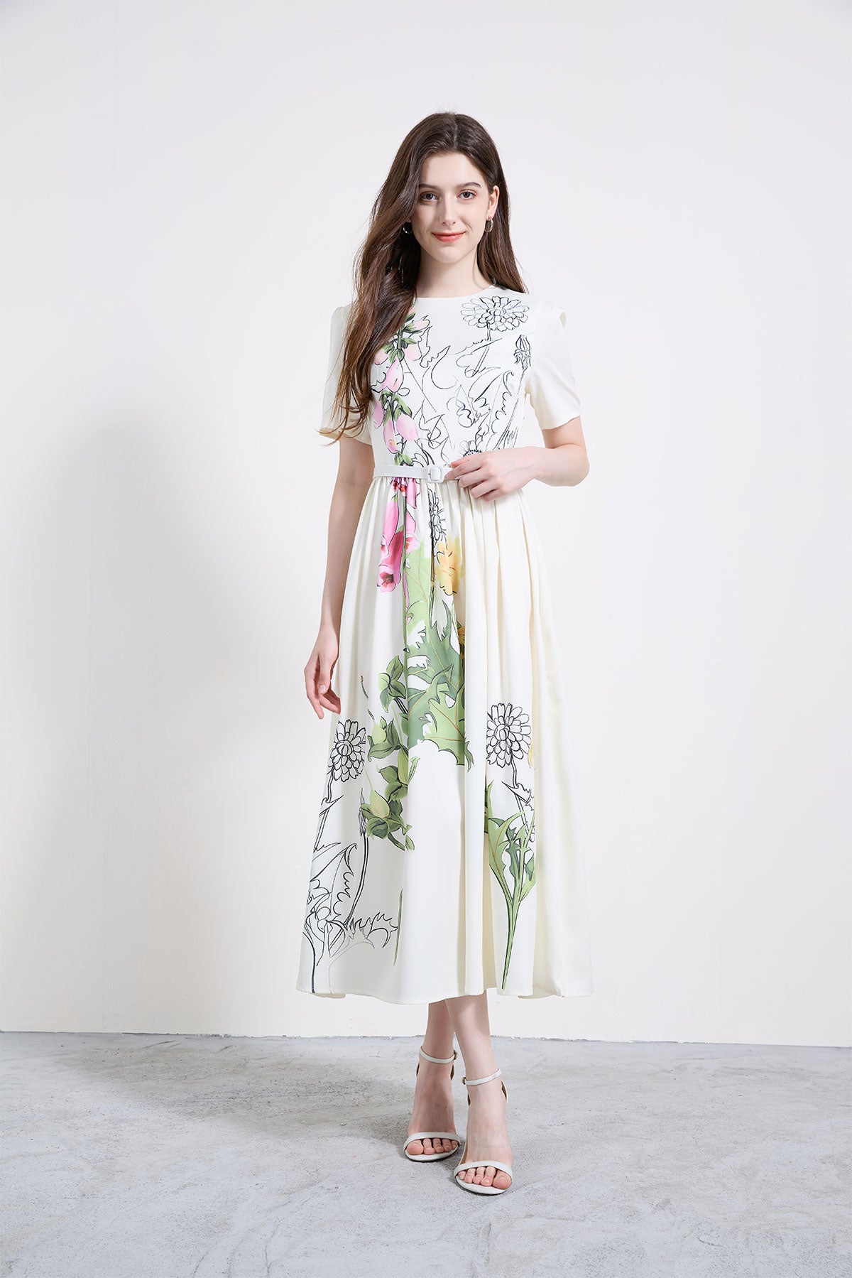 Floral Sketch Pleated A-Line Midi Dress