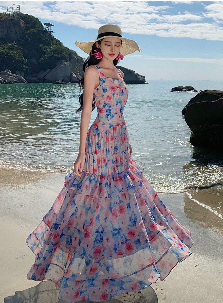Watercolor Floral Tiered Ruffle Maxi Dress