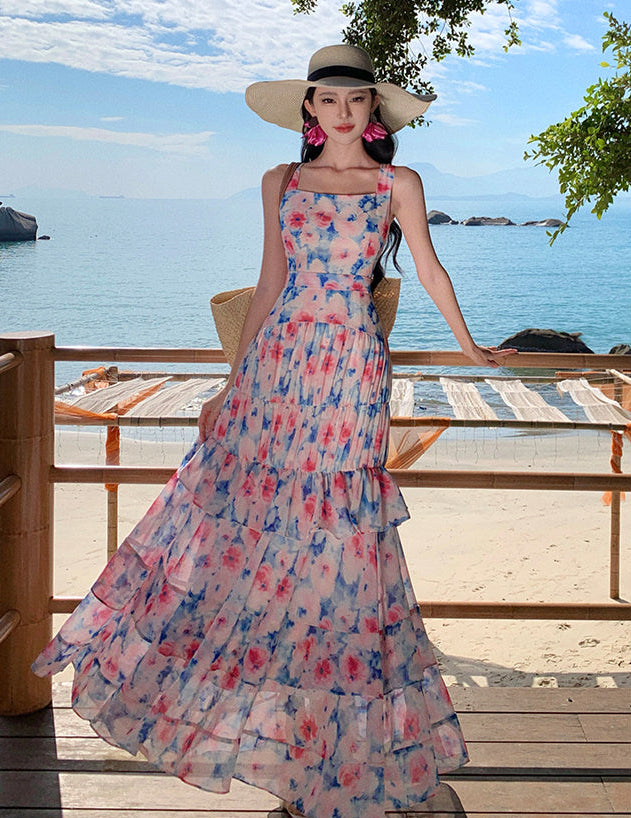 Watercolor Floral Tiered Ruffle Maxi Dress