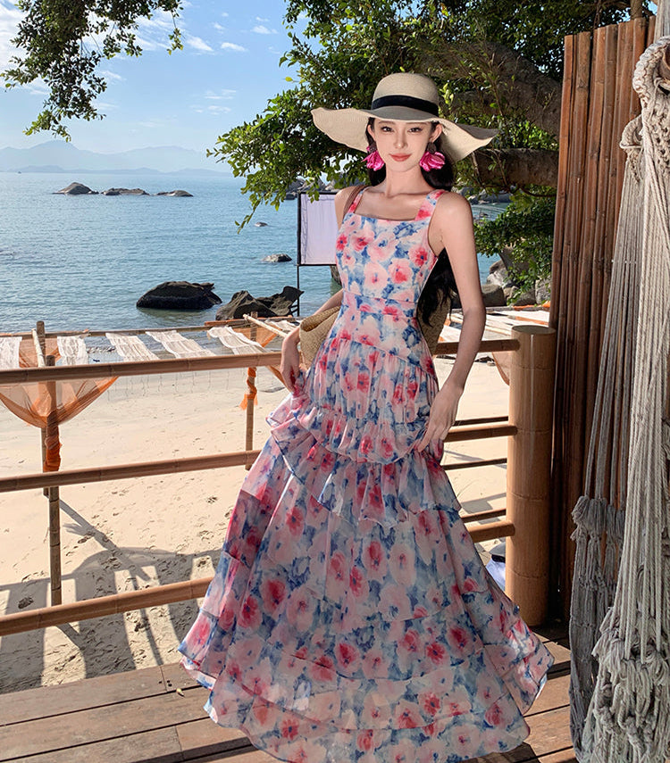 Watercolor Floral Tiered Ruffle Maxi Dress