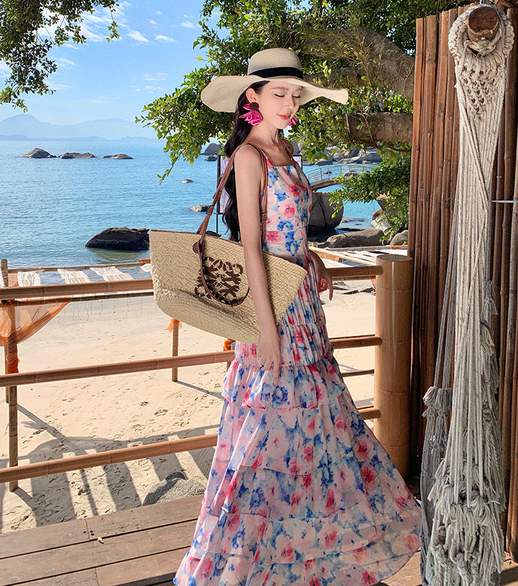 Watercolor Floral Tiered Ruffle Maxi Dress