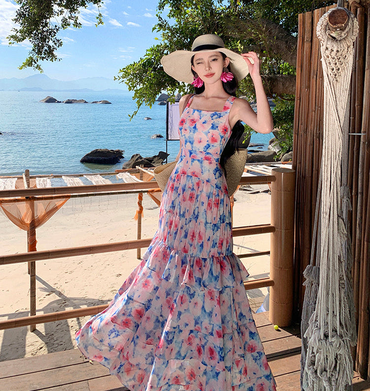 Watercolor Floral Tiered Ruffle Maxi Dress