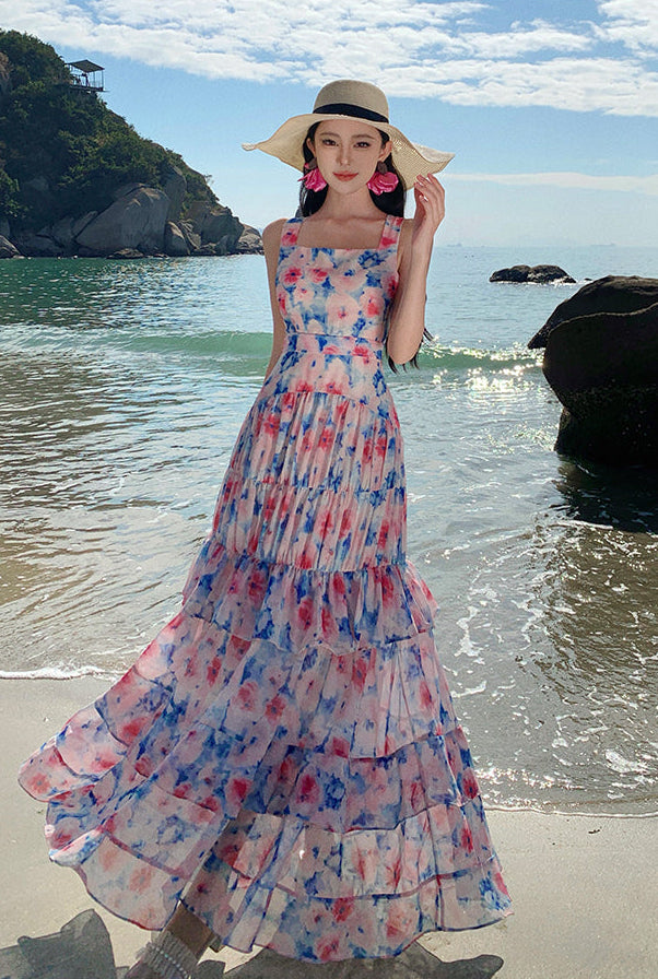 Watercolor Floral Tiered Ruffle Maxi Dress